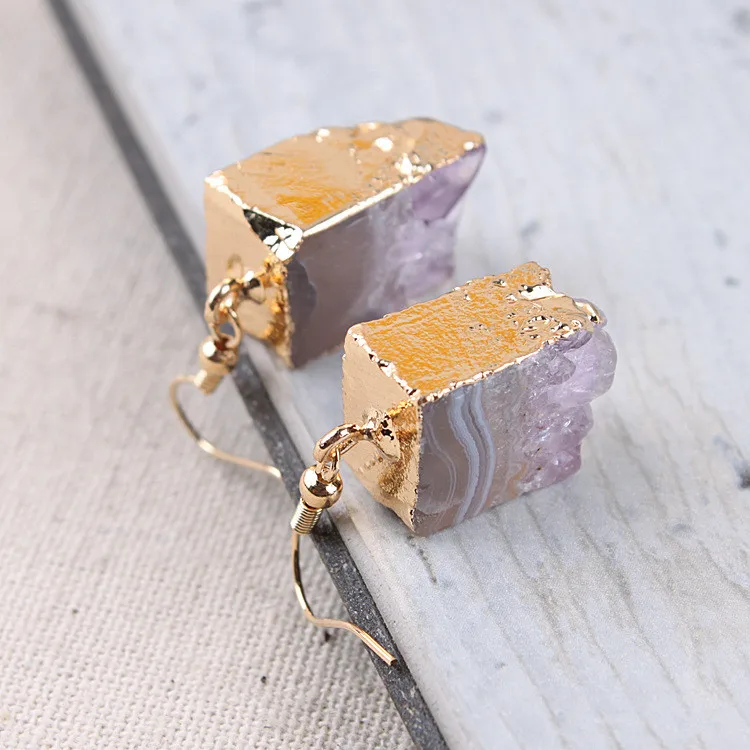 Wholesale Deep purple amethyst druzy earrings fashion natural raw stone druzy amethyst geode earrings