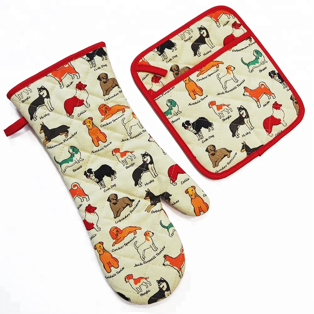 

Dog Pattern 2018 good quality printed style cotton material kitchen cooking bbq oven mitt, Customized