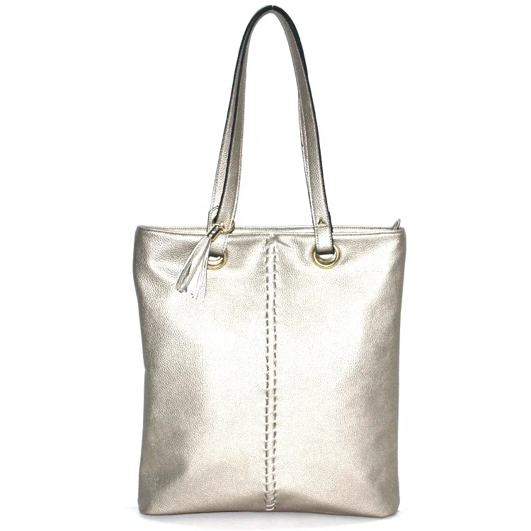 Pewter leather metallic shopper bag oversized shopper tote bag