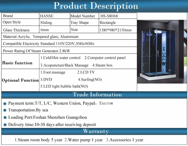 HS-SR068 2 person steam room/shower steam/enclosed steam shower room