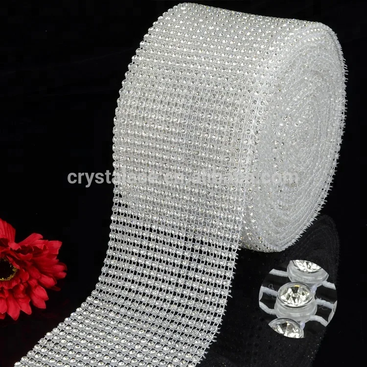 

18 rows transparent plastic cup 4mm clear crystal rhinestone trimming mesh 10 yards roll, Clear white+crystal