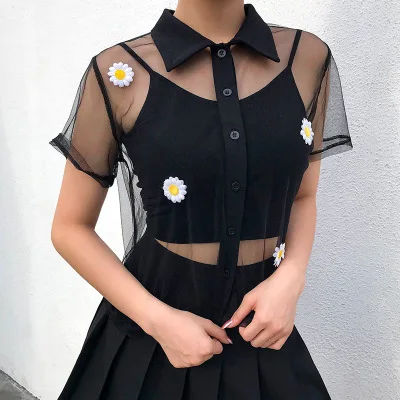 

F10611A women short sleeve with see-through loose mesh smock blouse, As picture