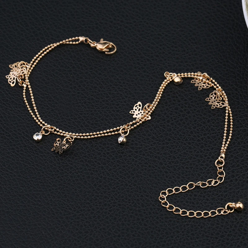 
Europe Trendy High Quality Gifts Butterfly Charms Dancing Foot Bracelets Double Layers Tassel Metal Chain Anklet Gold 