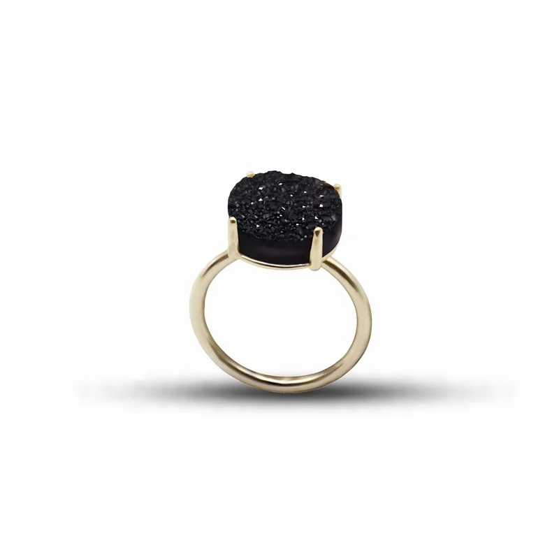 

Simple Championship Rings Jewelry Black Druzy Agate Stone 14k Golad Plating Fashion Mens Ring Model