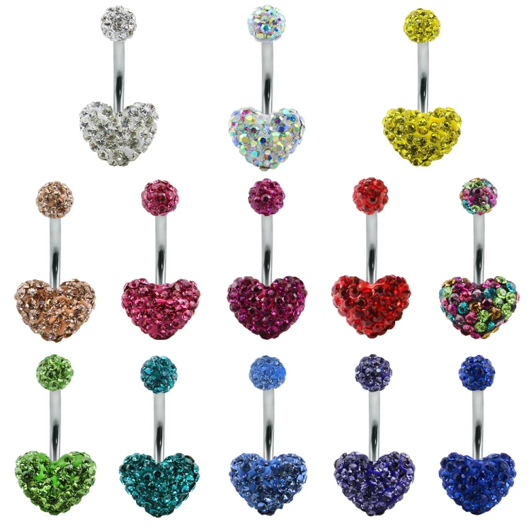 

Mix colors 14G Amazon HotSale Crystal Heart Belly Button Ring Women Navel Piercing Body Jewelry
