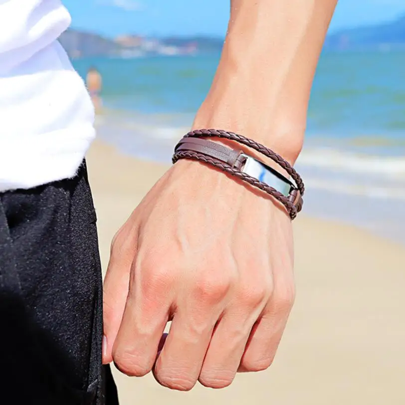 Stylish and simple multi-layer woven men's leather bracelet