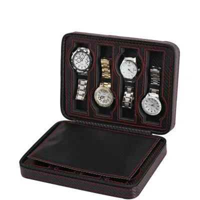 

In Stock Brown Black 8 Slots zipper Leather Travel Watch Storage Box, Black customized