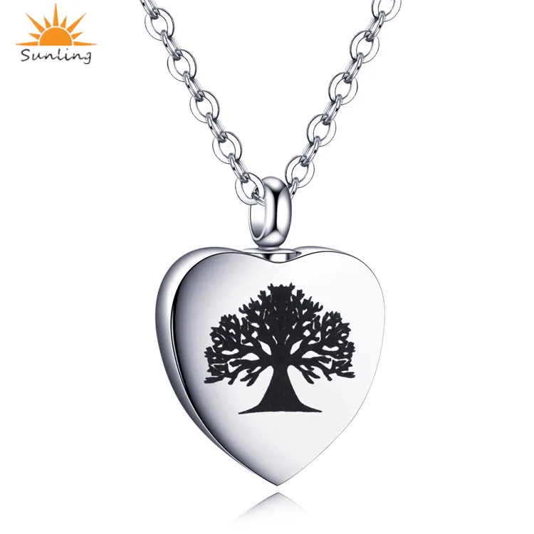 

Wholesale NO MOQ Silver stainless steel tree of life heart cremation urns jewelry necklace pendant for women men ashes keepsake