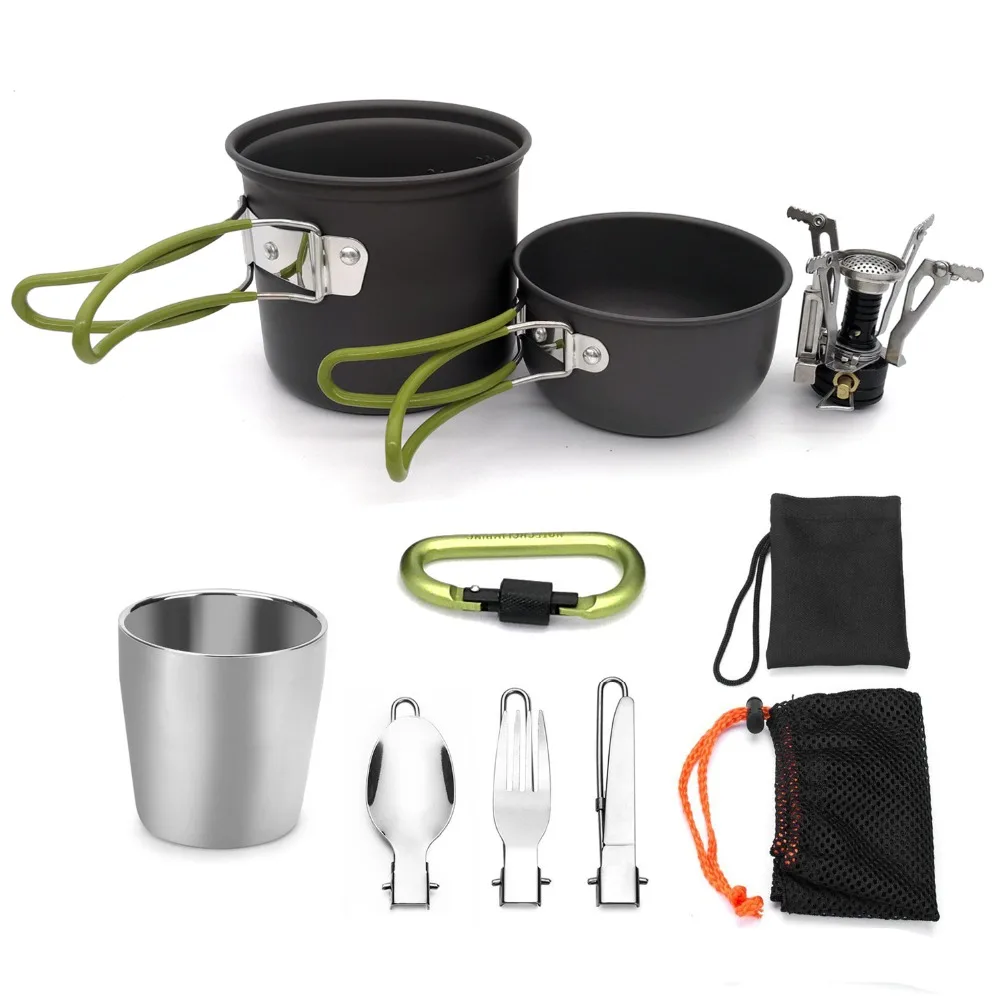 

Outdoor Aluminum Alloy Tableware Set Cooking Picnic Camping Cookware Set With cup and stove