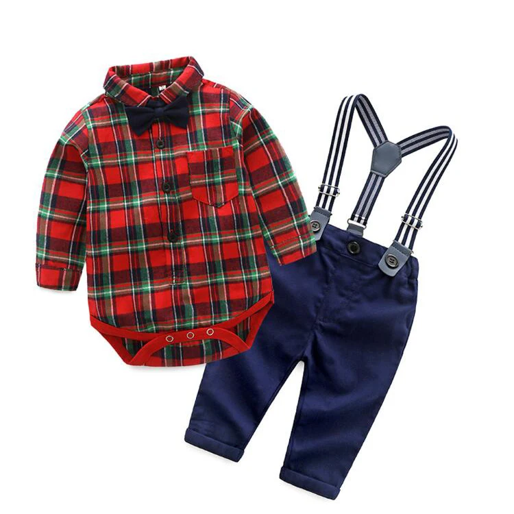 

Boutique Children Clothes Kids 100% Cotton Boys 2pcs Outfits Gentleman Bowtie Red Plaid Shirt Jumpsuit with Suspenders Set