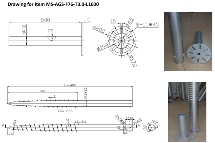 Adjustable Screw Piles Foundation System Galvanized Helical Screw Pile