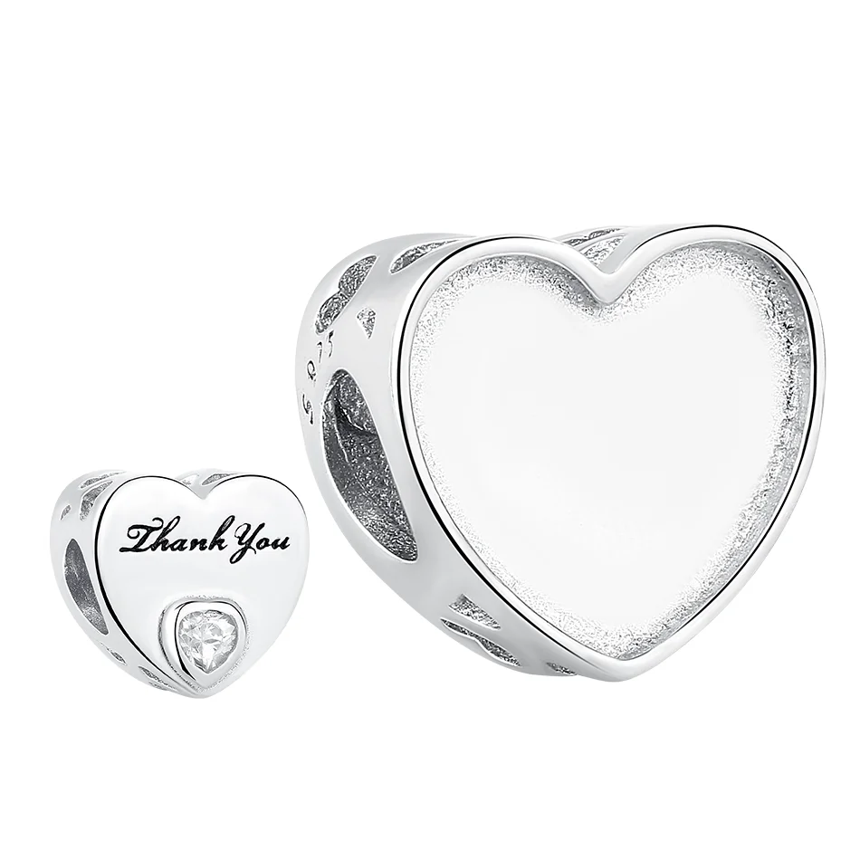 

925 Sterling Silver Custom Photo Charm Thank You Heart Shape Beads fit Charm Bracelet DIY Jewelry