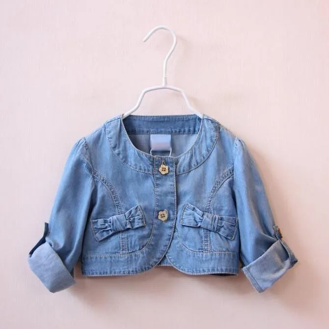 Y1610940 Retail 2016 New Spring Baby Girl Jacket Denim Short Full Sleeve Toddler Girl Outerwear Bows