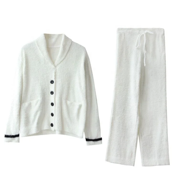 
2020 spring new cardigan pajamas women thick warm simple long sleeve two piece soft large size home service suit 