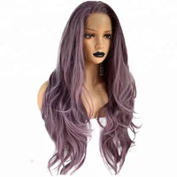 

Anogol Side Part High Temperature Heat Resistant Long Water Wave Synthetic Wigs Purple Lace Front Wig For Women