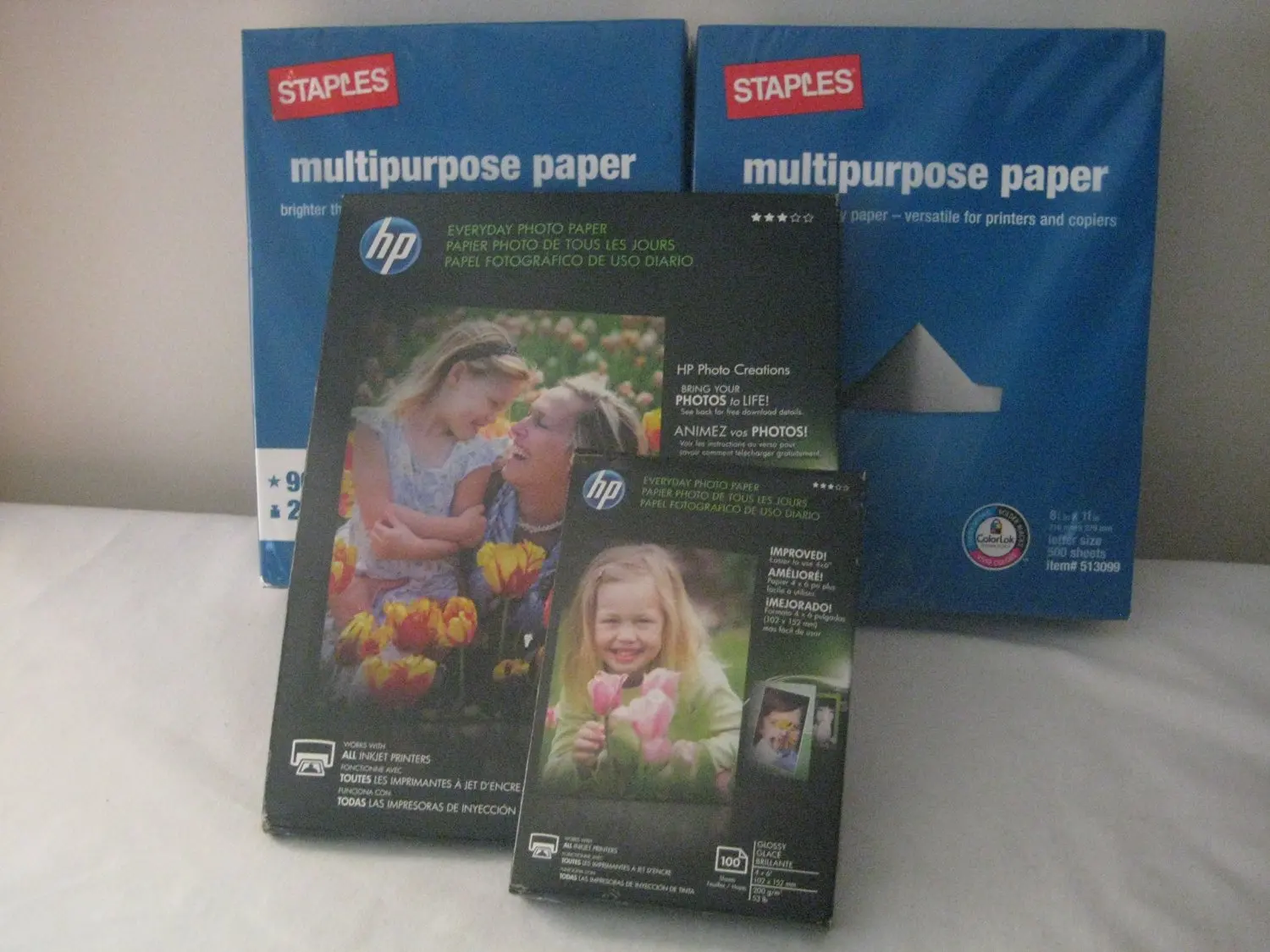 Staples Multipurpose Paper Brighter than copy Paper- Versatile for Printers and Copiers; 96 Bright, Size: 8.5 x 11in / 20 lbs (2Pack), HEWLETT PACKARD HP EVERYDAY PHOTO PAPER, GLOSSY, 4X6, 100 SHEETS (Qty 1) & HP Everyday Photo Paper, Glossy, 8.5 x 11 Inches, 50 Sheets per Pack (QTY 1)