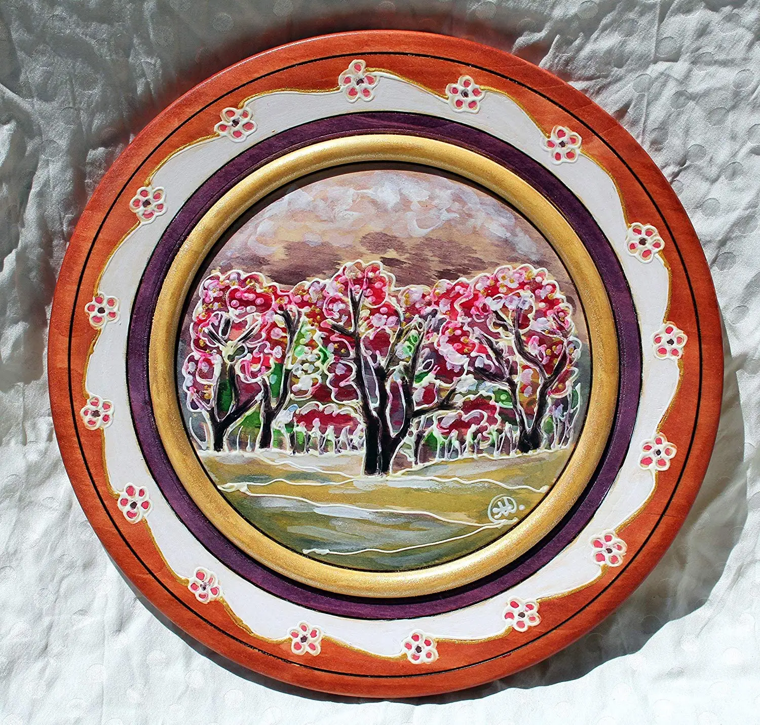 Sale!!!10% Off,Hand Painted Spring Forest on Wooden Plates, Woodland Forest, Painting Spring Landscape, Forest Wall, Art Collectible Plate, Decorative Plate.