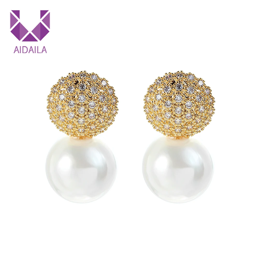 

AIDAILA Elegant Jewelry 2019 18k Solid Gold Freshwater Pearl Cubic Zirconia Stud Earrings For Wedding Gift, As show