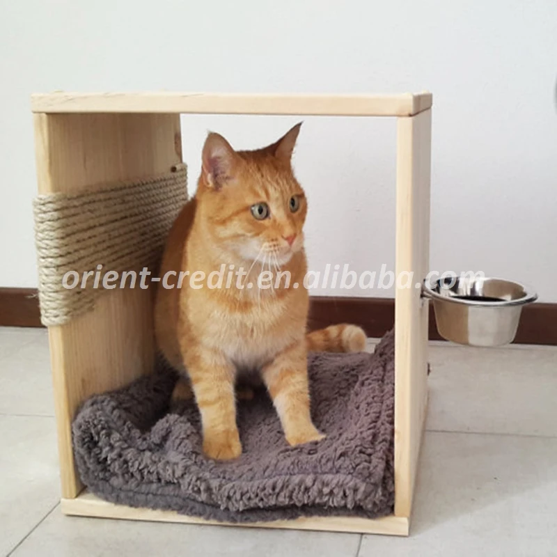 Cat Bed Feeder Scratcher Made Of Recycled Wood With Food Bowl And