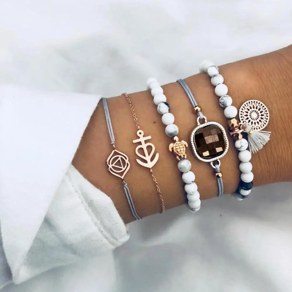 

Bohemian Square Crystal Turtle Tassel Bracelet Set for Women Vintage Multilayer Beaded Charm Bracelet (SK408), As picture