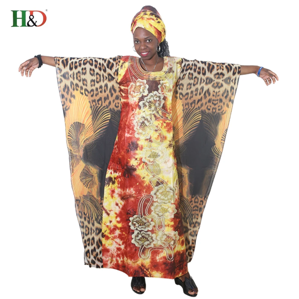 

(Free shipping)S2341 New fashion African Bazin cotton headscarf sleeve embroidery dress robes
