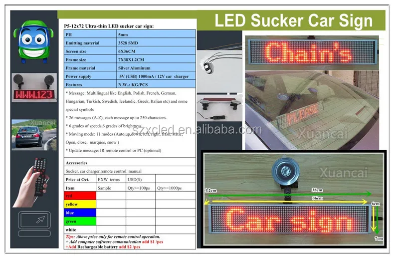 CE RoHS FCC approval LED sign P5-12x48 (2.8"x10" inch) size 26cm x7cm ultra-thin LED sign For car