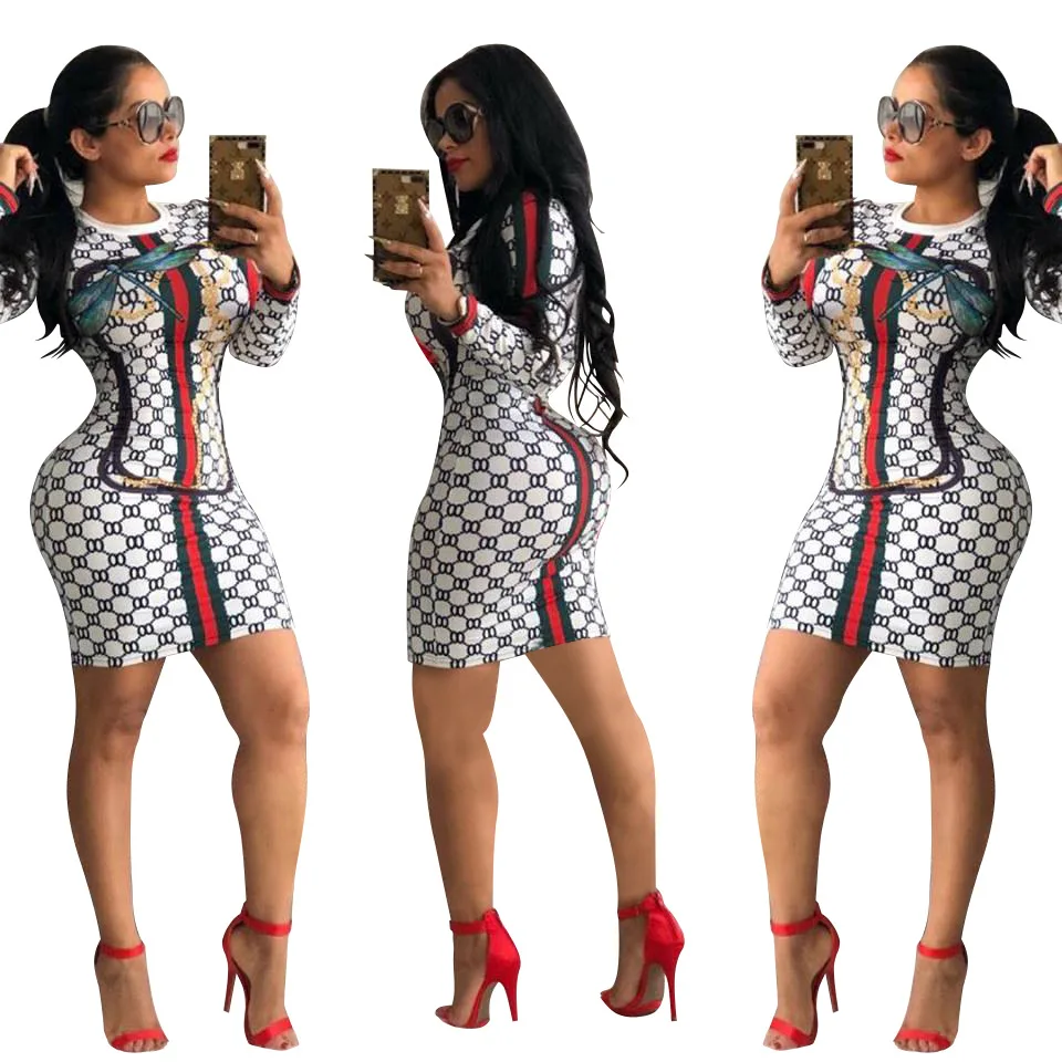 

2021 in-stock wholesales price high quality autumn fashion new design round collar long sleeve printed sexy women club dresses, White,black