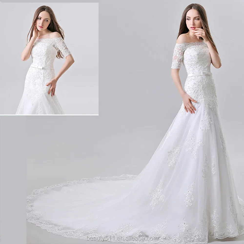 Appliqued Off Shoulder Half Sleeve Floor Length Mermaid Long Tail