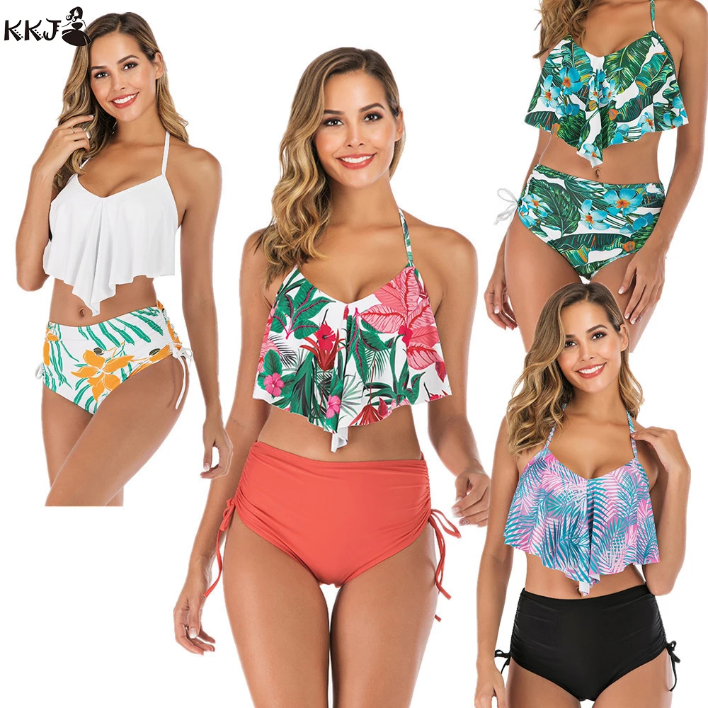

2019 New Europe and America Bikini Swimwear Cross-Border High Waist Ruffles Bikini Two Piece Swimsuit for Women
