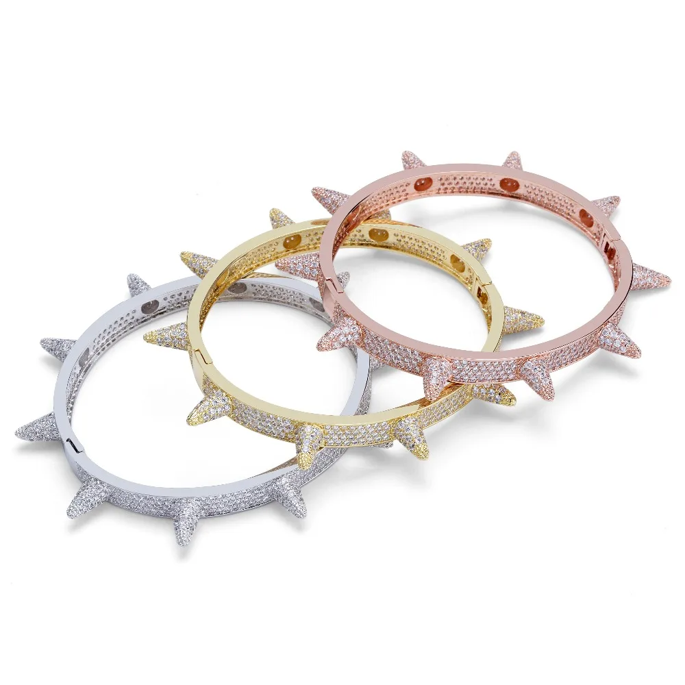 Luxury Iced Out Bling Cubic Zircon Hip Hop Rose Gold Silver Rivet Bracelets Spike Bangles Gifts for Men Women