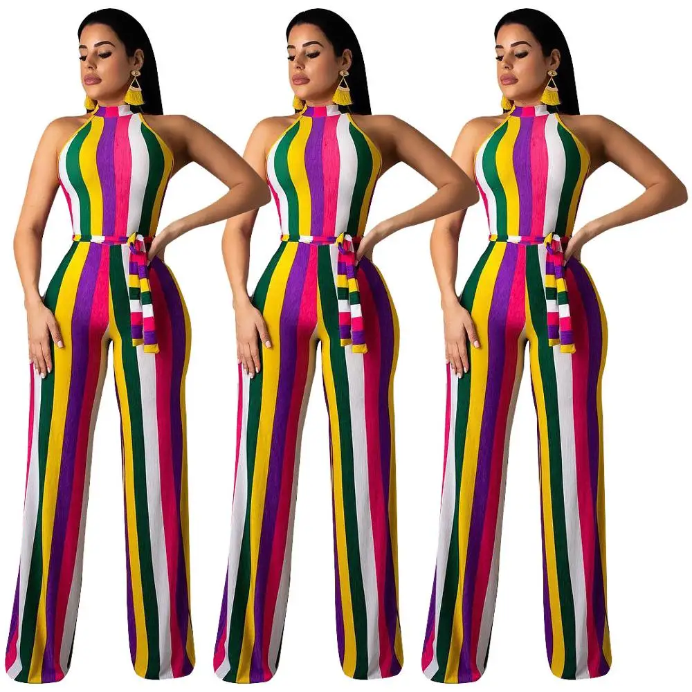 

9031908 brand new Sexy sleeveless rainbow woman stripe tight long jumpsuit pants, N/a