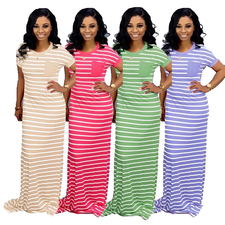 

0625M0225 wholesale fashion striped pocket short sleeve maxi dress for woman