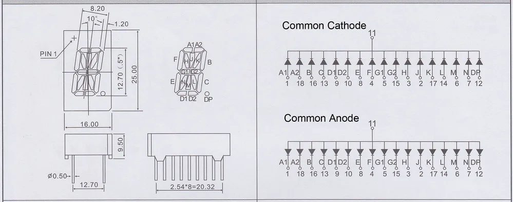 0.5 inch 16 segment alphanumeric 14 segment display 1 digit