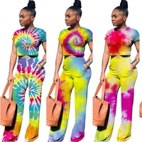 

MA6068 Colorful Print Crop Top Wide Leg Long Pants 2 piece Jumpsuits Women