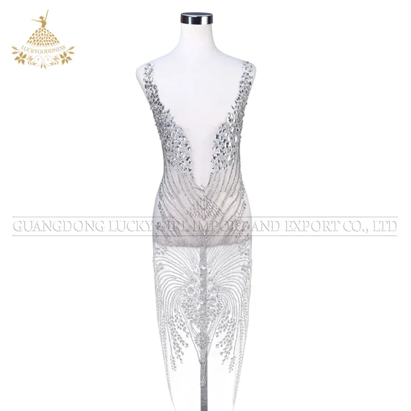 

DRA-188 Elegant shiny Long silver Crystal Beaded patches to sew for Bridal Wedding evening dress, As photo(mesh color can change)