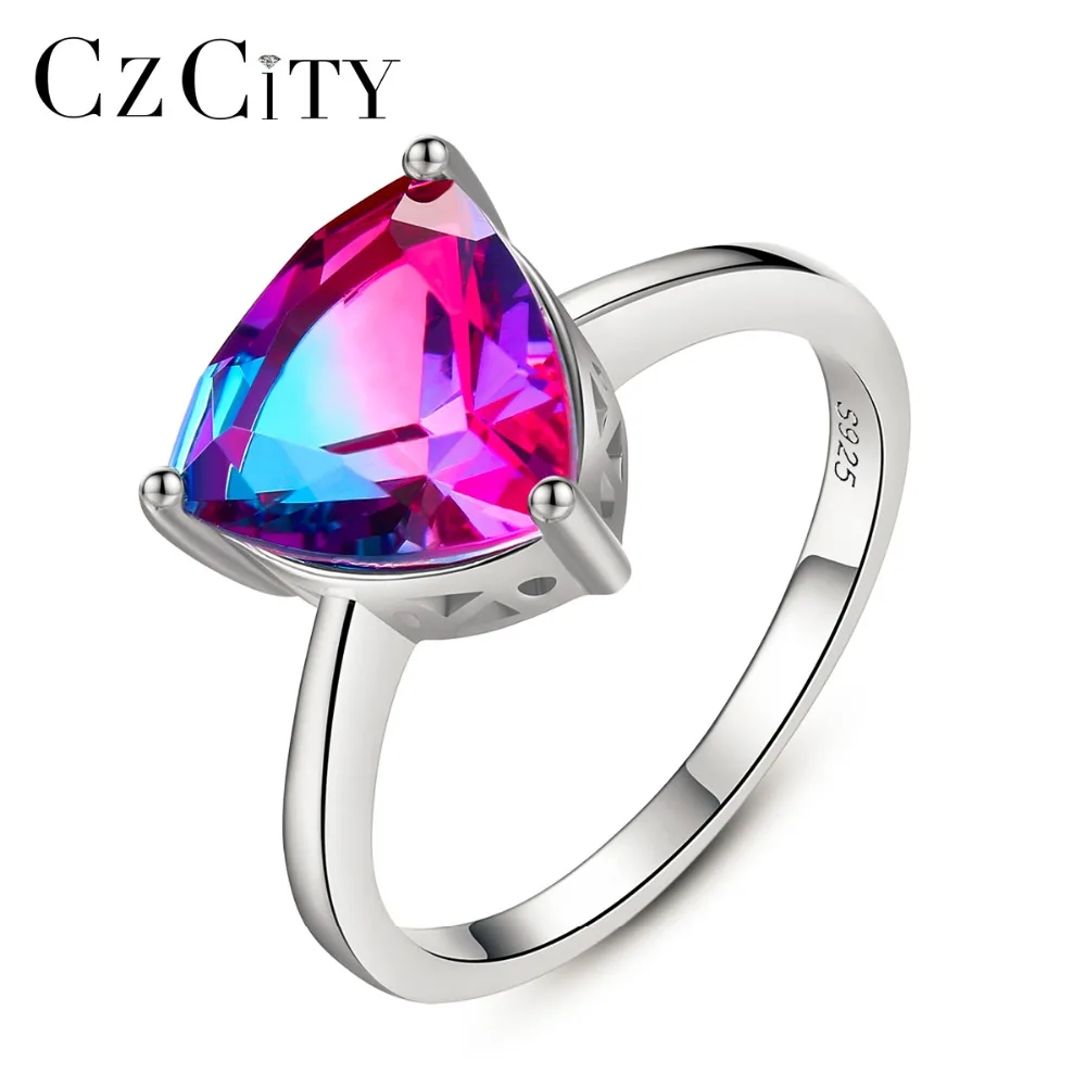 

CZCITY Triangle Genuine Rainbow Fire Mystic Topaz Real 925 Sterling Silver Women Ring