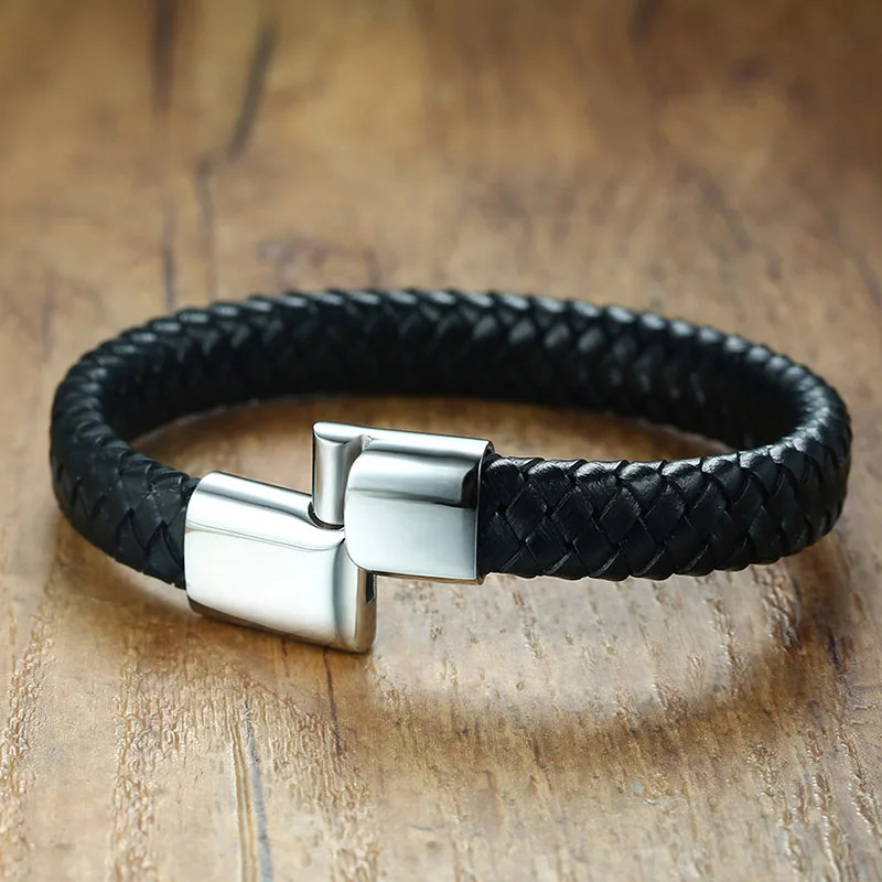 
Classic stainless steel bracelet black leather woven hand chain 