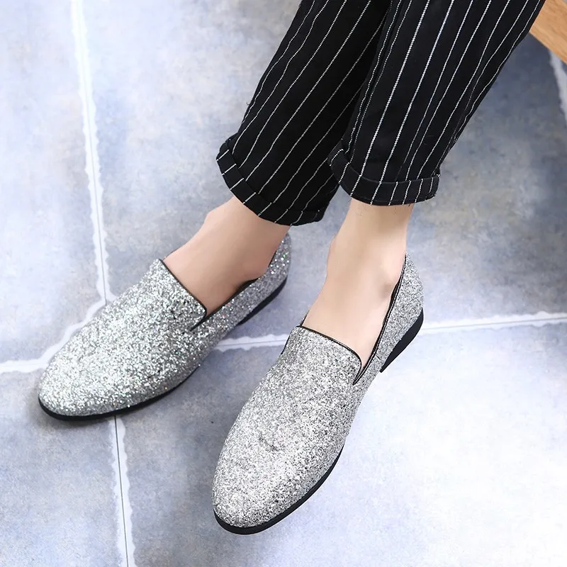 mens silver glitter dress shoes Wedding Glitters Upper Designer Slip on Loafers Men Shoes size_0