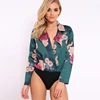 2019 new arrival wholesale women long sleeve wrap front custom floral print bodysuit