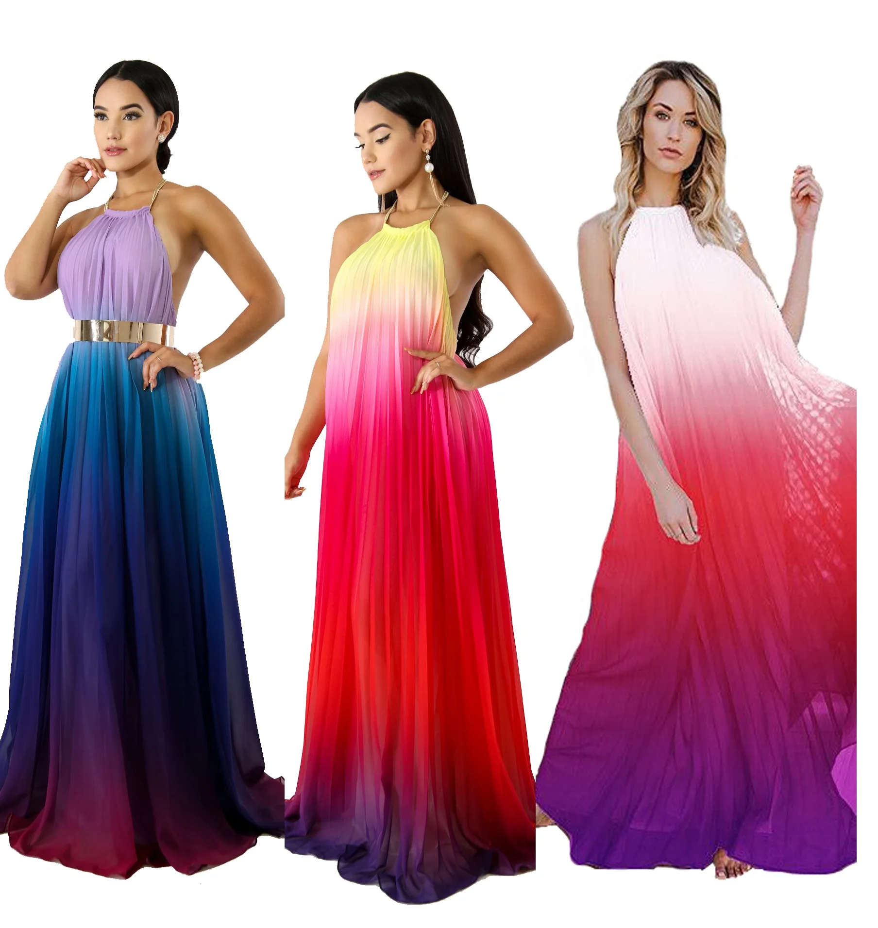 

9031829 Women fashion gradient ramp halter maxi chiffon dress