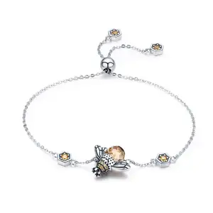 BAGREER SCB043 Women cubic zirconia stone glass 925 sterling silver cute bee charm animal bracelet