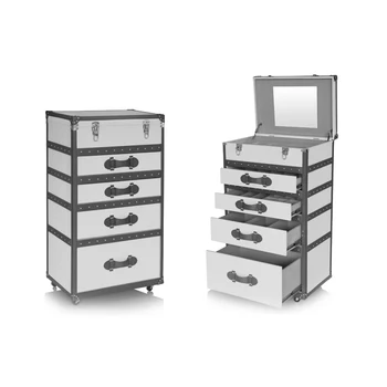 Vintage White Grey Faux Leather Storage Jewelry Display Cabinet