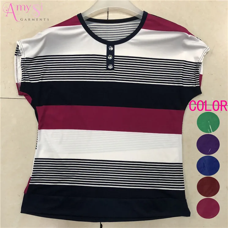 

1.39 dollar WY066 Stripe pattern short sleeve ice silk cool women tops summer 2018, 6 color mixed
