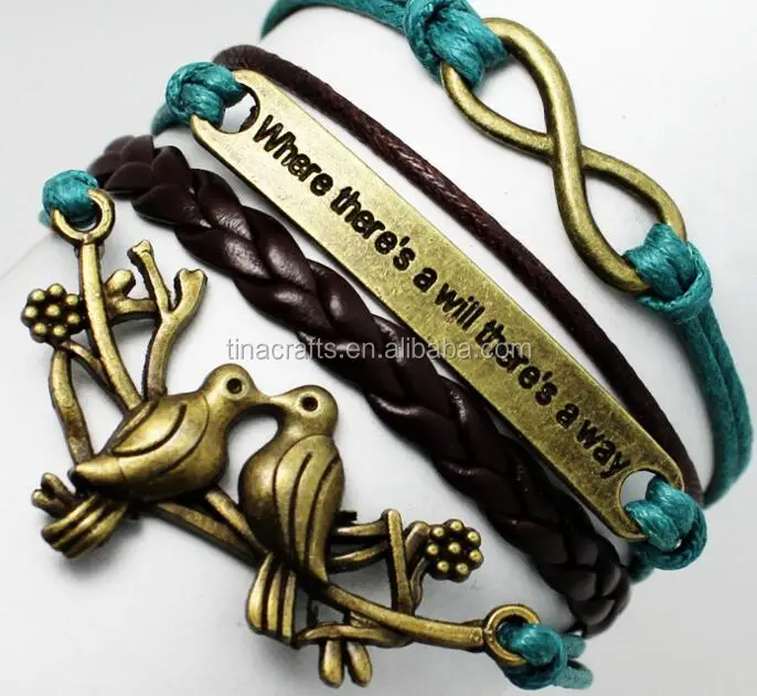 

Bronze 8 and bird pattern weave black cord bracelet