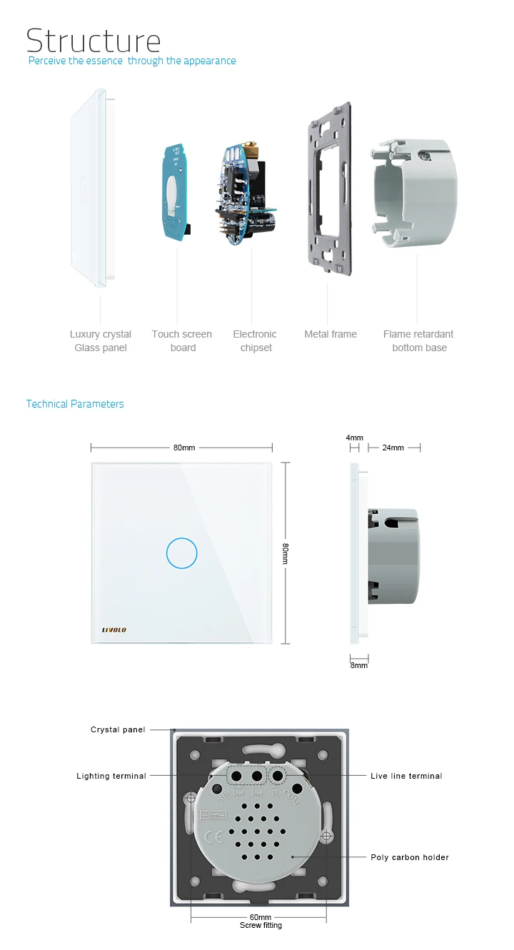 Livolo Luxury White Crystal Glass Panel Intelligent Touch Wall Light Switch EU standard - ANKUX.COM