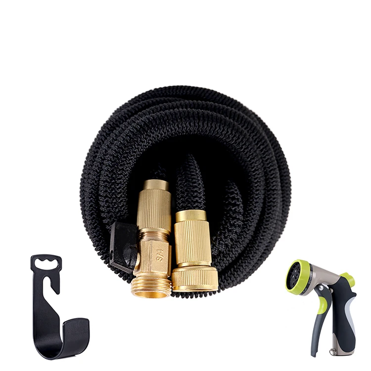 

2018 Hot Expandable Garden Hose With Double Latex Core , Flexible Expanding garden Hose With Metal 8 Function Spray Nozzle, Black