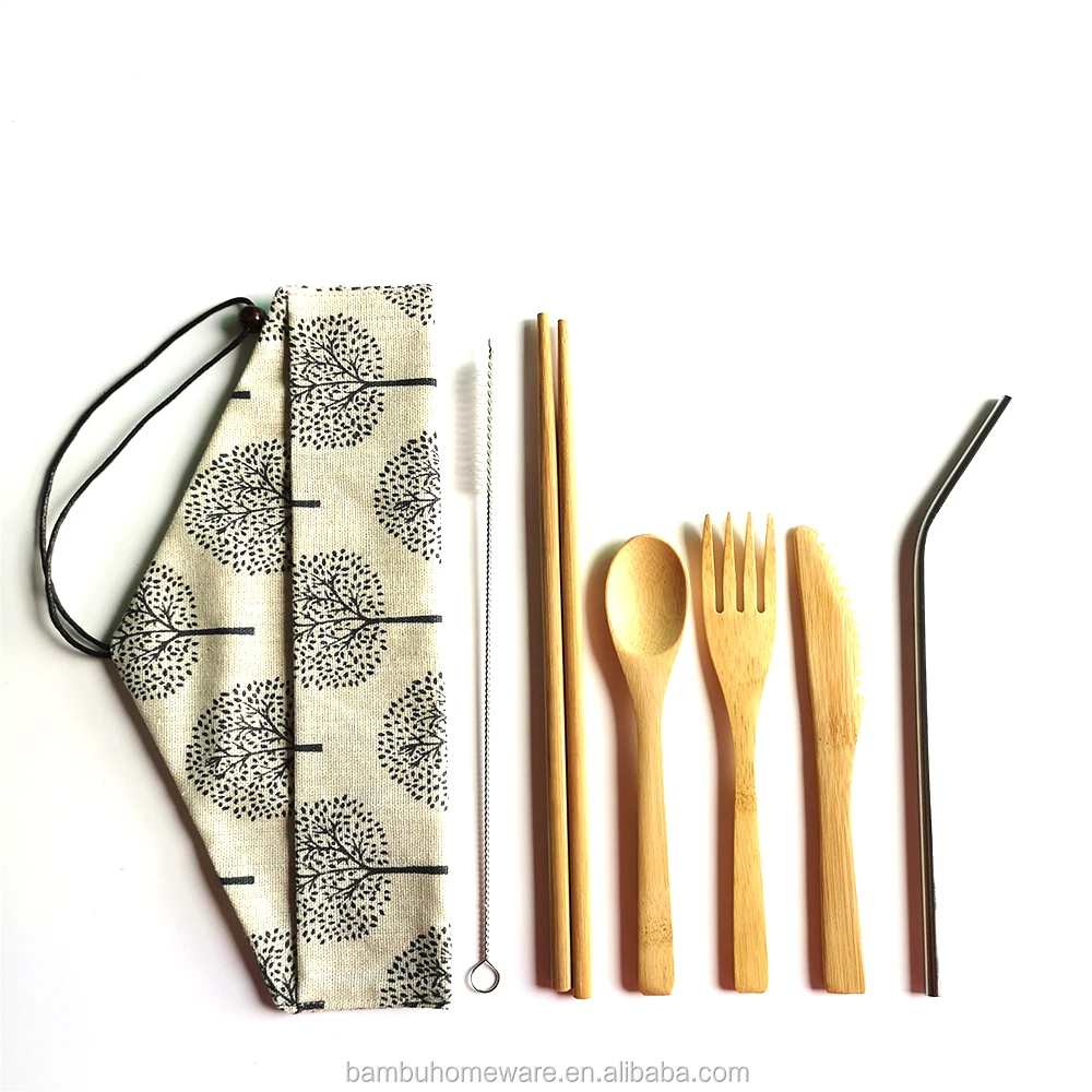 

Custom Bamboo cutlery set knife fork spoon set with bandaged bag