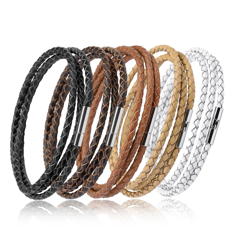 

Lingsai stainless steel magnetic clasps leather cord wrap bracelet bangle for mens