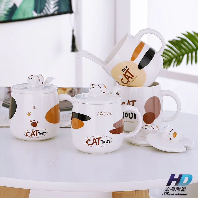 

Wholesale Cartoon Cat Shaped Mug Cute Coffee Ceramic Mug with Spoon, Mix the 4 colors