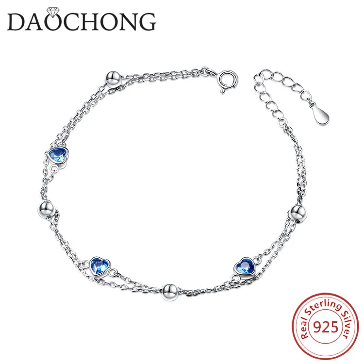 

Double Strand Light Blue CZ Heart Bead Pure Sterling Silver Bracelet for Women Jewelry, As photo